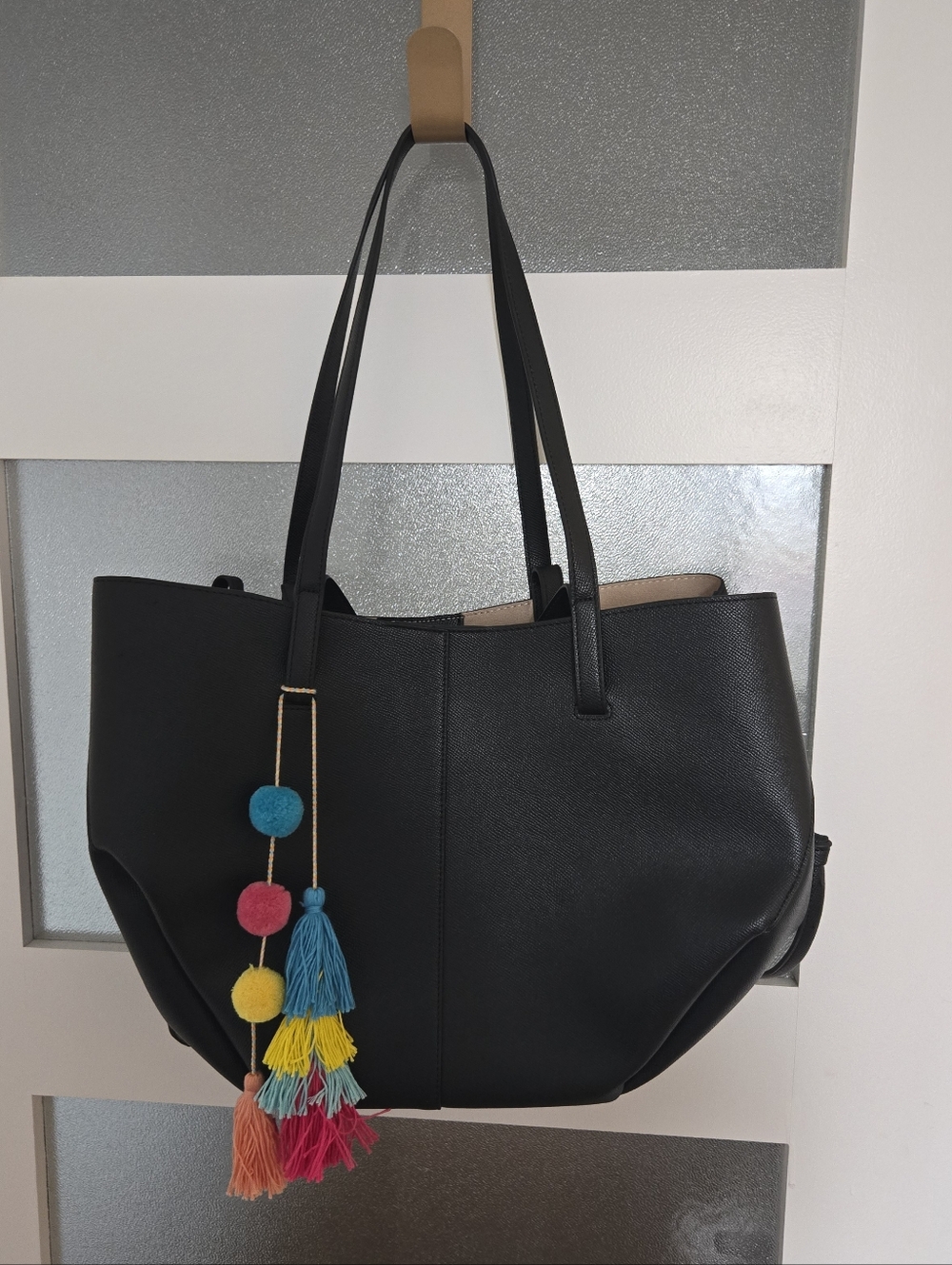 Black Women's Tote Bag with Colorful Tassel Accent